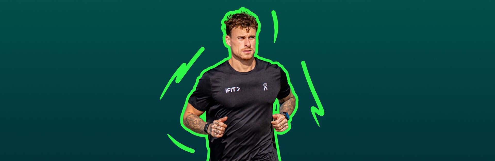 Full-body image of a runner in motion representing the 5K with Kori treadmill running series on iFIT, focused on improving endurance, pacing, and consistency.